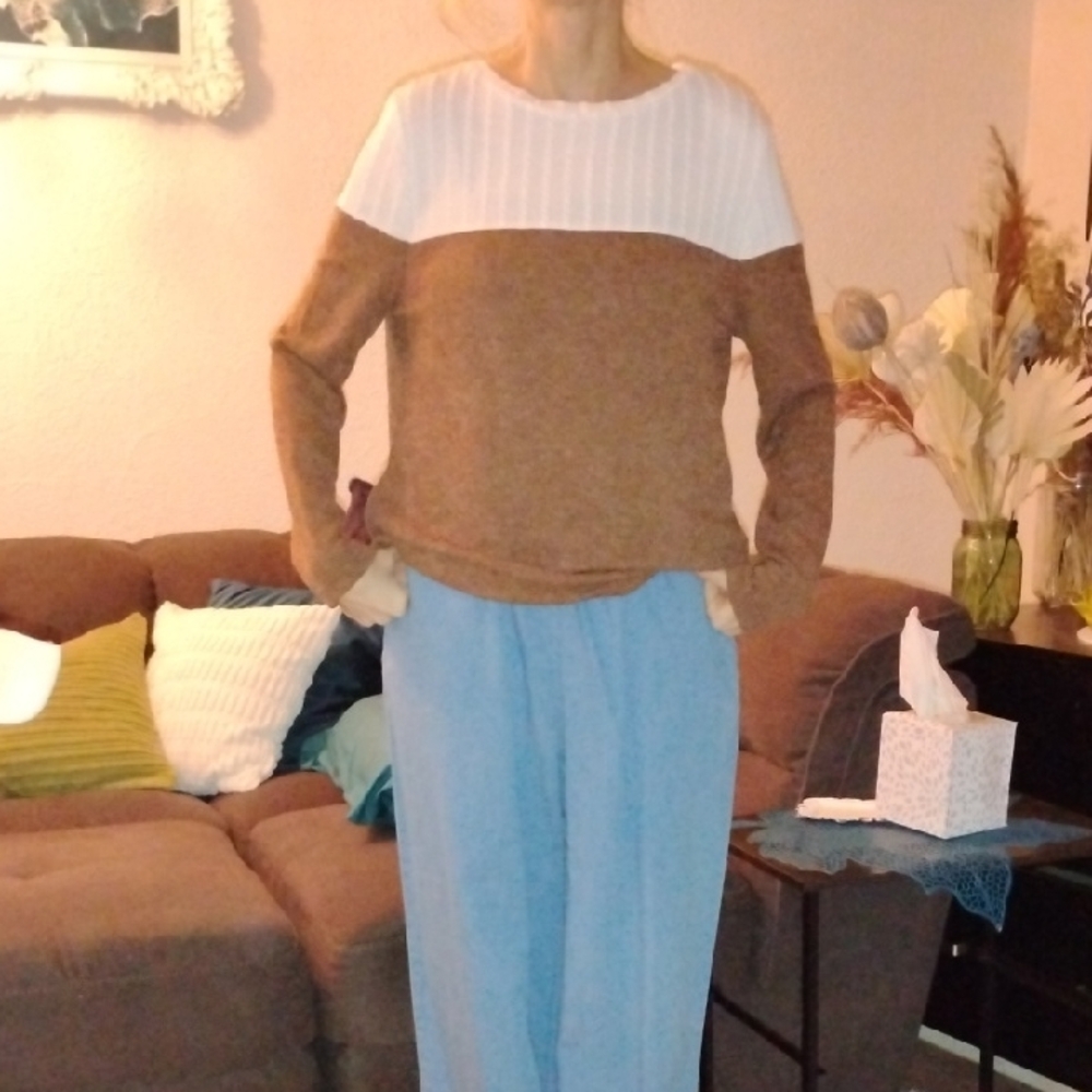 Brown and White Sweater with Light Blue Pants
